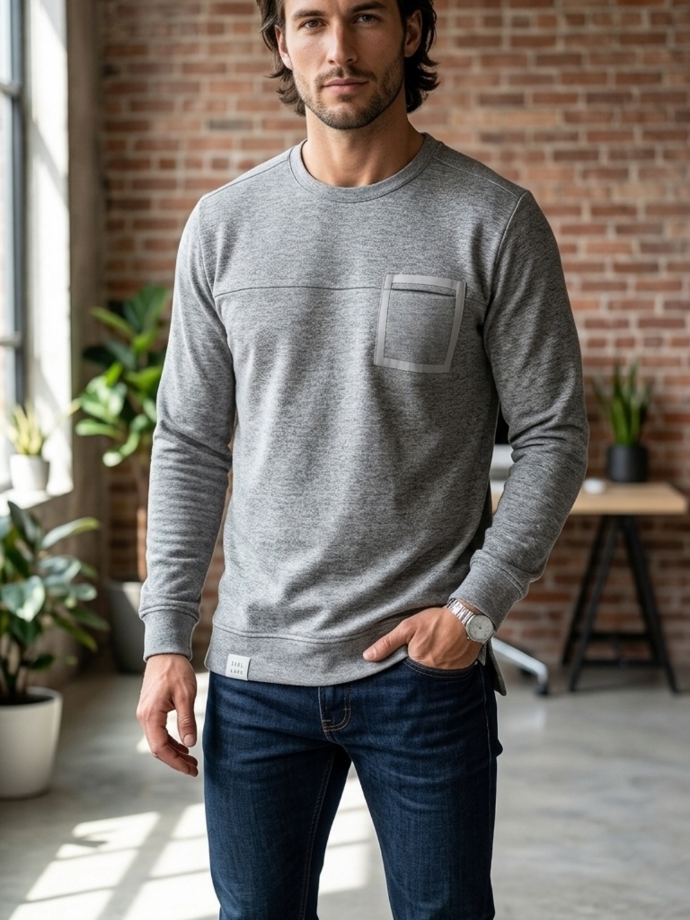 Jack & Jones Men's Heather Grey Crewneck Pocket Sweater